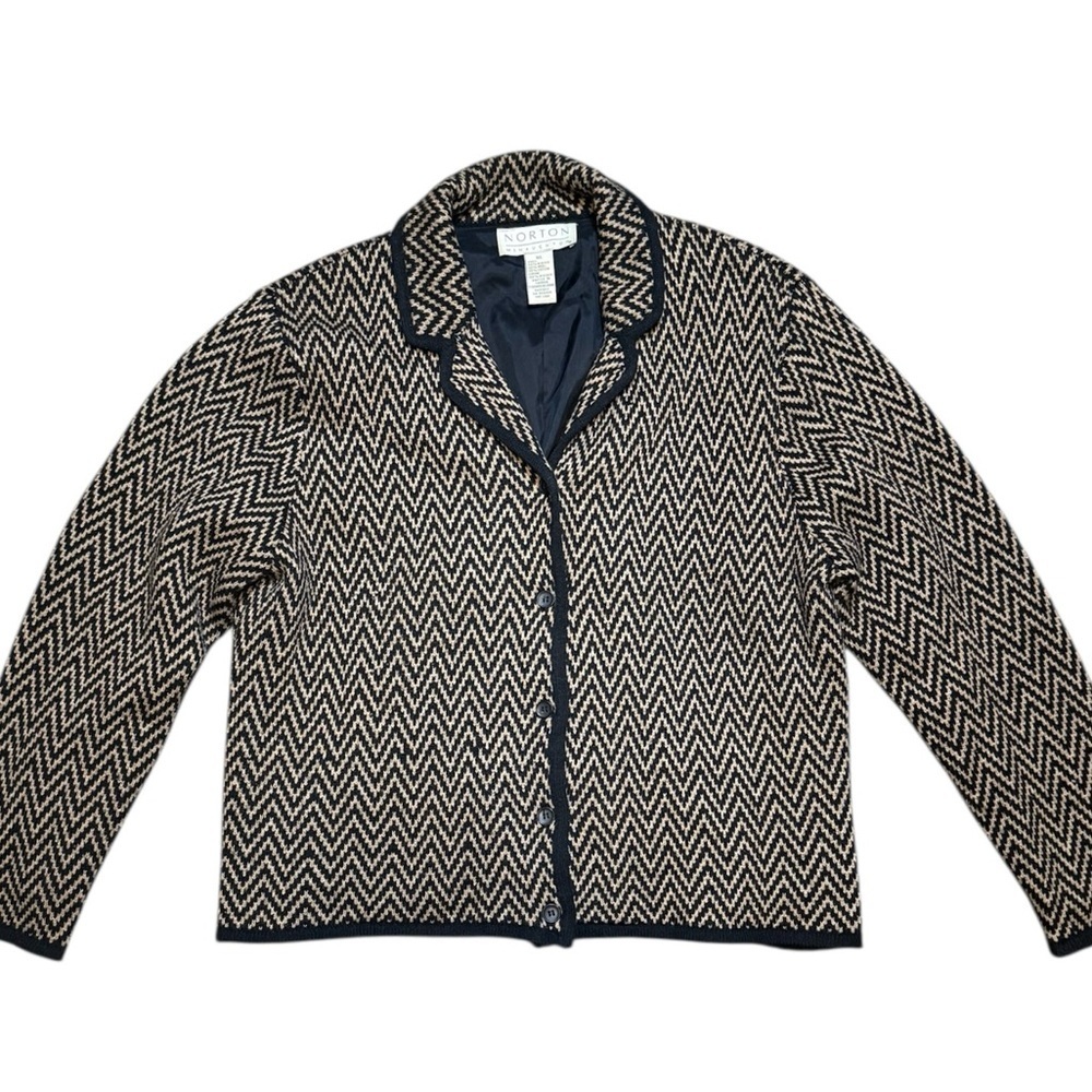Vintage Norton McNaughton Black Cream Chevron Knit Jacket Women’s XL Retro - Picture 2 of 6